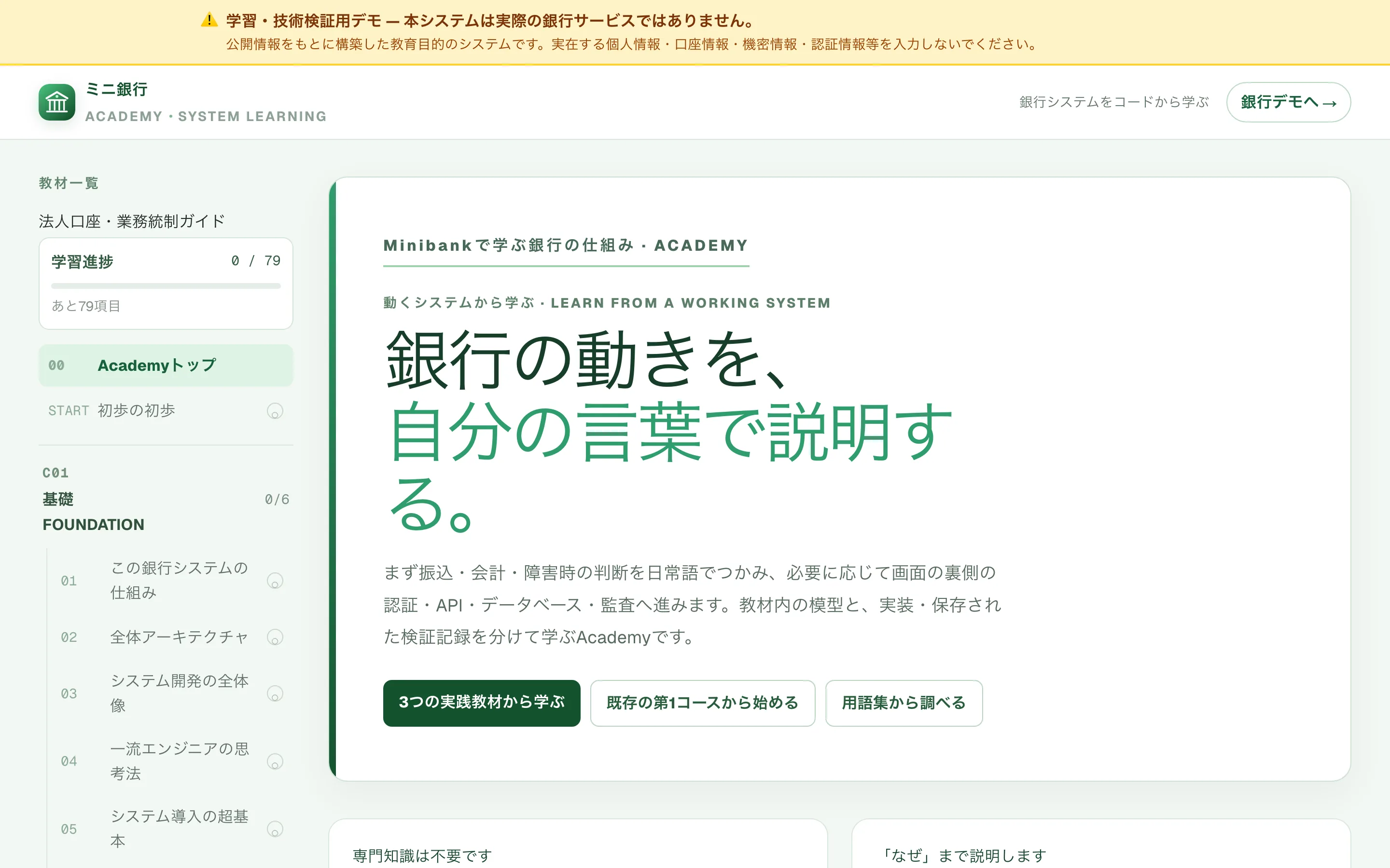 MiniBank Academyのトップ画面。左に教材一覧と学習進捗、中央に「銀行の動きを、自分の言葉で説明する。」という見出しがある。